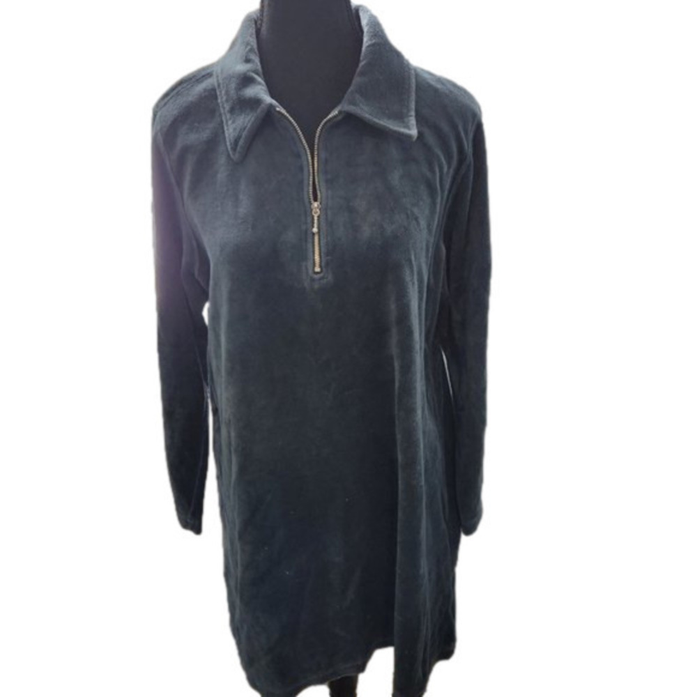 P177. Eddie Bauer Dark Green Velour Quarter Zip Tunic | L